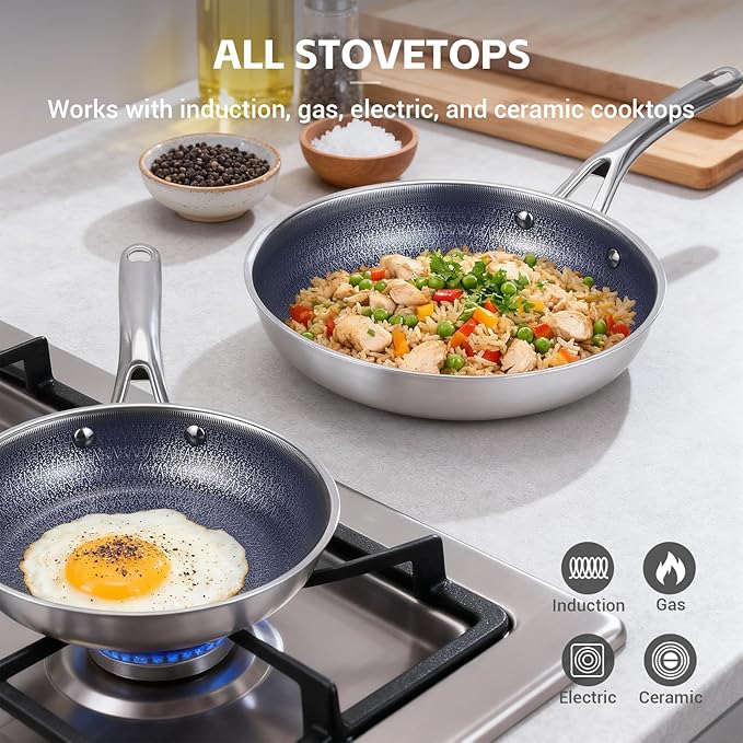 Ammeloo Hybrid Tri-Ply Stainless Steel Frying Pan Set, 8"/9.5"/11" Cooking Pans, Non Stick Frying Pans and Skillets, Chef Pan, Blue Interior, Non Toxic, Dishwasher Safe, Induction Compatible