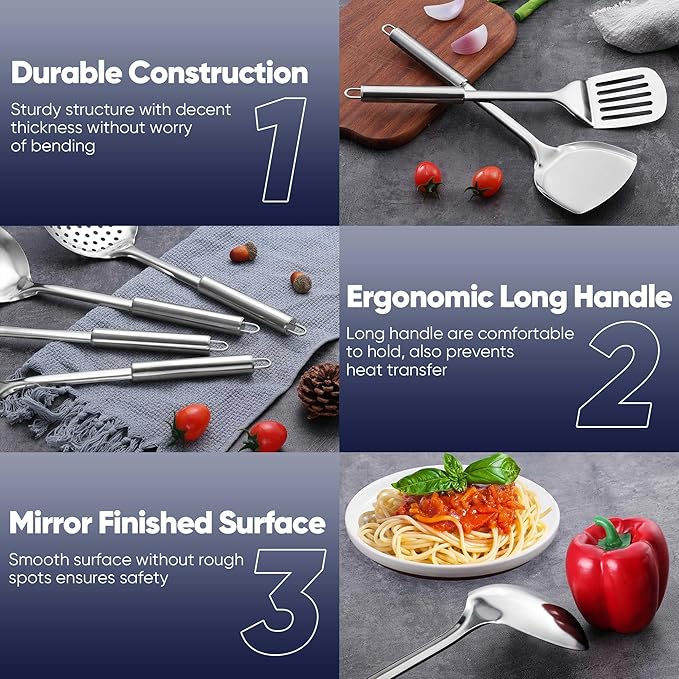 Stainless Steel Cooking Utensils Set, LIANYU 31-Piece Metal Kitchen Tools with Holder, Heat Resistant Kitchen Utensil for Cooking, Non-toxic Kitchenware Include Skimmer Turner Spatula, Dishwasher Safe