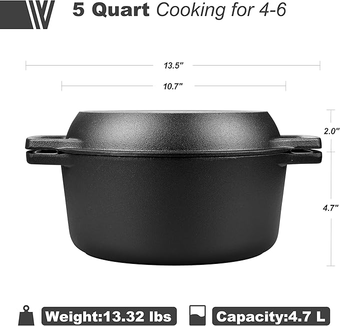 Pre-seasoned Cast Iron Double Dutch Oven Pot with Skillet Lid, Dual-handle, for Bread Baking, Outdoor, Campfire Cooking, include Sourdough Bread Baking Supplies like Banneton Bread Proofing Basket, 5 Quart