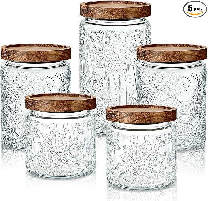 Gerrii 5 Pcs Sunflower Pattern Round Vintage Glass Food Storage Containers 17/24/34 oz Glass Jar Airtight Candy Jar Food Canisters for Kitchen Counter Pantry Coffee Tea Bean
