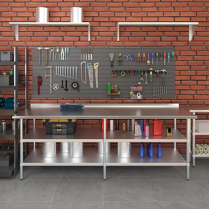 AmGood Stainless Steel Work Table with 1.5" Backsplash and 2 Shelves | Metal Kitchen Food Prep Table | NSF (96" Long x 30" Deep)