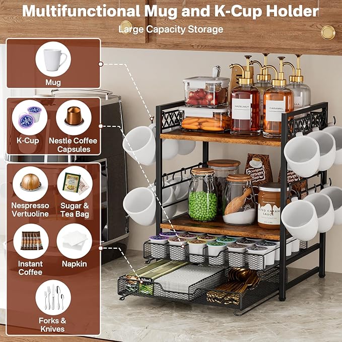 Coffee Bar Organizer Countertop Station Shelf, 4 Tier Mug Cup Holder Stand with 12 Hooks, 30 K Cup Coffee Pod Holder, Multifunctional Coffee Shelf Organizer for Accessories Station Kitchen