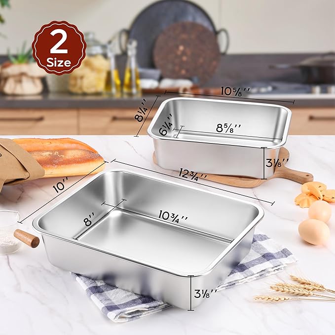 Onader Lasagna Pan, 3 Inch Deep Baking Pans for Oven, Stainless Steel Rectangle Lasagna Cake Baking Dish, 2 Pack - 10⅝ x 8¼ & 12¾ x 10 Inch