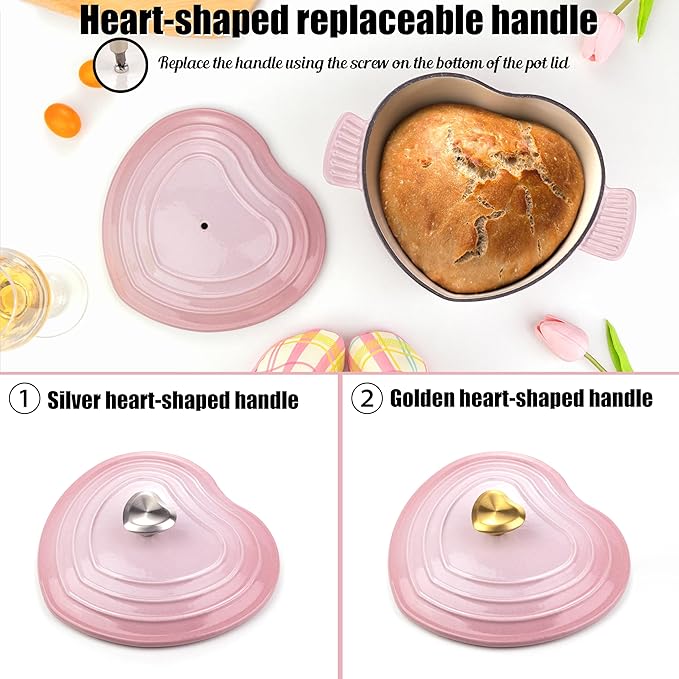 Mabeeze Heart-Shaped Enameled Cast Iron Dutch Oven 2-Quart Casserole Pot with Lid, Gradient Pink Nonstick, Oven-Safe, Compatible with All Cooktops Ideal for Baking, Braising & Serving
