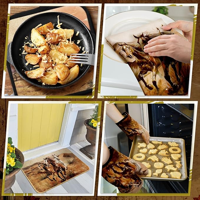 10 Pcs Western Cowboy Kitchen Decor Oven Mitts and Pot Holders Set Western Cowboy Kitchen Accessories Vintage Dish Towels Farmhouse Rugs and Mats for Home Cooking Baking Housewarming Gifts