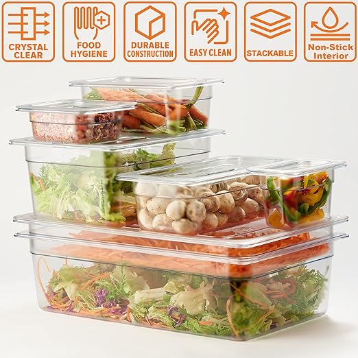 CURTA 6-Pack Full Size 2.5" Deep NSF Polycarbonate Food Pans | Dishwasher & Freezer Safe Clear Container for Prep Tables, Buffet, Salad Bar, Commercial & Home Kitchen