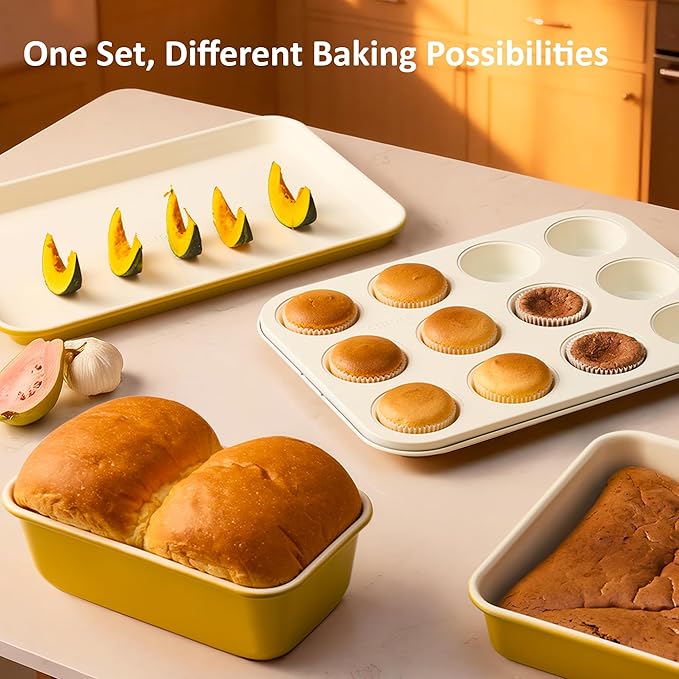 CAROTE 6-Piece Nonstick Ceramic Baking Pans Set - Bakeware Sets Including Cookie Sheets for Baking, Muffin Pan, Bread Pan, Cake pan, Loaf Pan, Cooling Rack, Mustard Yellow & Cream White