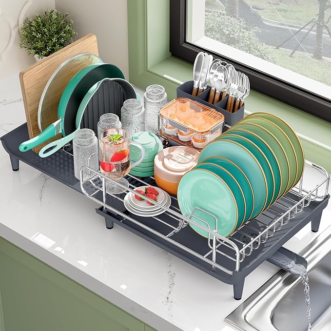 TOOLF Dish Drying Rack - Large Expandable Dish Rack for Kitchen Counter, Stainless Steel Dish Drainer for Kitchen Organization with Cutlery ＆ Cup Holder,Gray