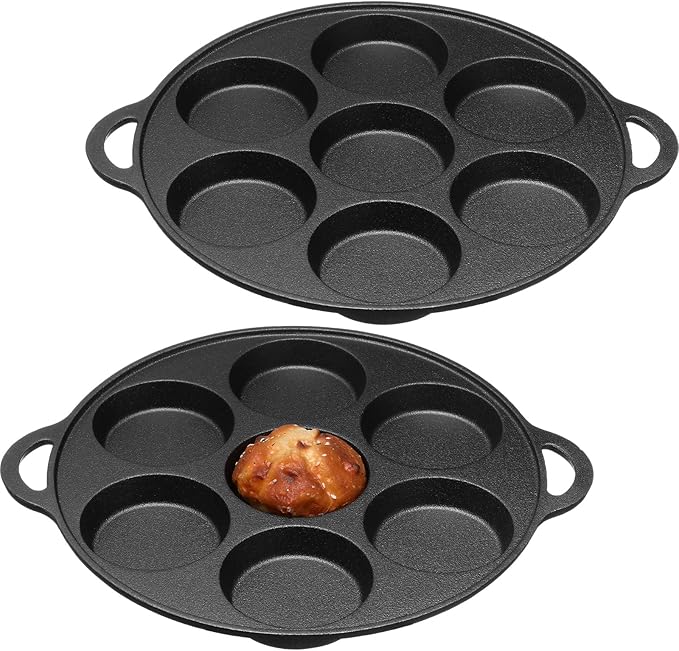Tioncy 2 Pcs Cast Iron Biscuit Pan Cast Iron Muffin Seasoned Mini Cake Scone Donut Pie Pan for Baking, Egg, Corn Bread, Cupcakes & Dessert(Round Style)