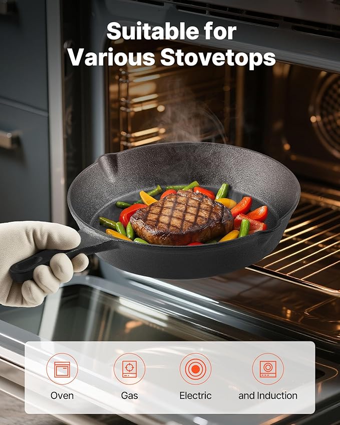 VEVOR Cast Iron Skillet, 3-Piece Frying Pan Set (6, 8, 10 in), Heavy-Duty Skillets with Heat-Resistant Handle, Pre-Seasoned Chef's Pan, Kitchen Cookware, for Oven, Gas, Electrical, Induction, Black