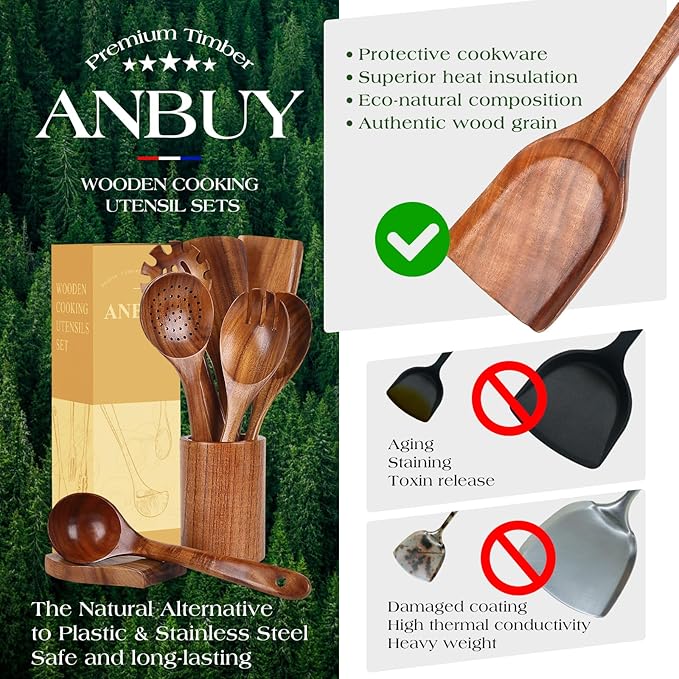 ANBUY Wooden Spoons for Cooking, Natural Teak Cooking Utensils Set, Wooden Kitchen Utensils Set with Holder & Spoon Rest, Wooden Cooking Utensils Set of 9