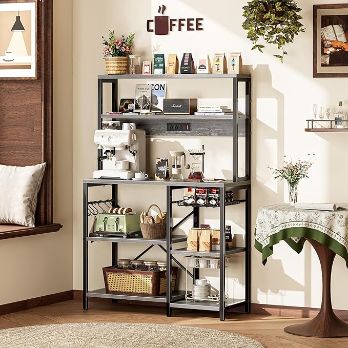 SUPERJARE Bakers Rack with Power Outlet, 35.4 Inches Coffee Bar with Wire Basket, Kitchen Microwave Stand with 6 S-Shaped Hooks, Open Storage Shelves, Charcoal Gray