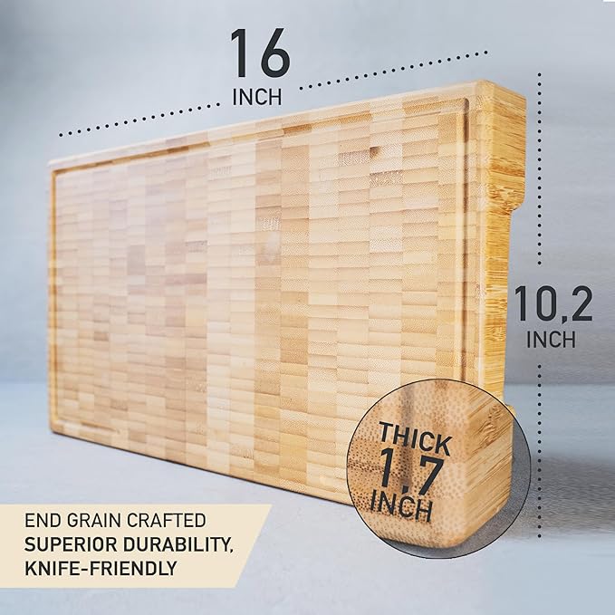 Bamboo Cutting Board, 15.7 x 10.2 Inch (ExtraThick 1.7") Premium Quality & Professional Butcher Block. Heavy Duty End Grain Wood Chopping Board (Oil & Plate Included)