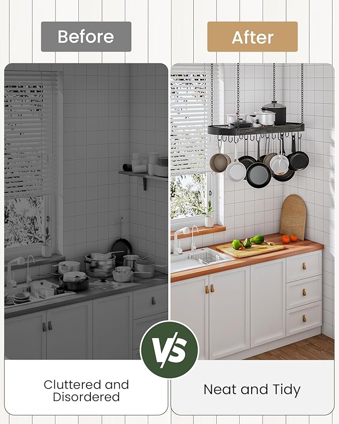 31.7-Inch Hanging Pot Rack, Space-Saving Pot Hanger for Kitchen, Ceiling Pan Hanging Rack with 16 Detachable S Hooks, Sturdy Metal Frame, Industrial Style, Charcoal Black and Black TPR09BC