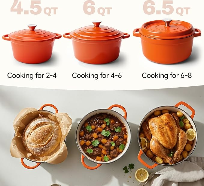 6.5 Quart Dutch Oven Pot with Lid, Non Stick Enameled Cast Iron Dutch Oven for Bread Baking, Heavy-Duty, Oven Safe Ceramic Cookware Up to 500°F for Baking, Braising, Stews, Roasting, Orange