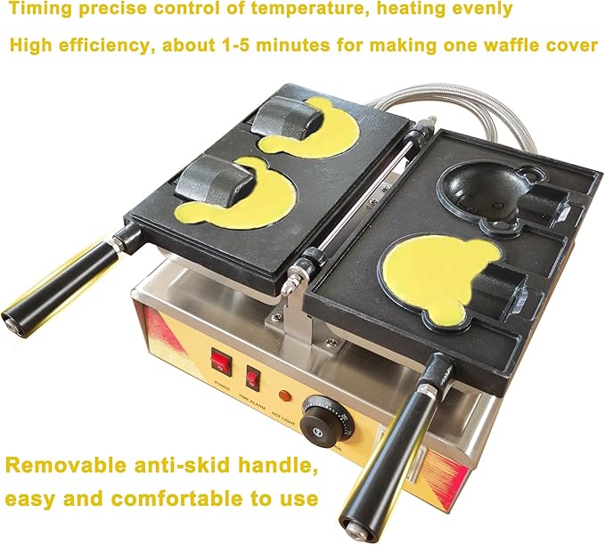 Commercial Single Head Bear Waffle Maker Machine Non-Stick Double Bear Waffle Iron with Removable Handle 110V Stainless Steel Vegan waffles Maker for Home & Kitchen (1-5 Min Baking)