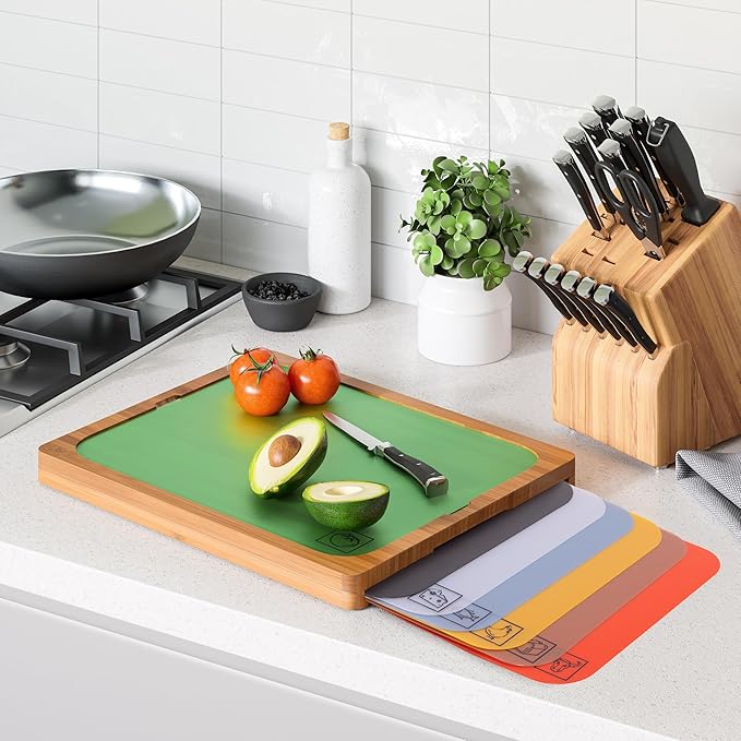 Seville Classics Bamboo Premium Wood Cutting Board Serving Tray w/ 7 Color-Coded BPA-Free Mats, for Chopping Bread, Cheese, Fruits, Vegetables, Meats, Charcuterie (PATENTED), Bamboo (NEW MODEL)