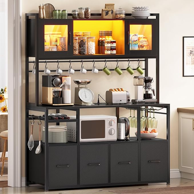 Itaar Bakers Rack with Power Outlet and LED Light, 47.2'' Microwave Stand with Storage, Kitchen Coffee Bar Cabinet with Glass Door, 4 Drawer, Wine Rack, Goblet Holder and 12 Hooks, Black