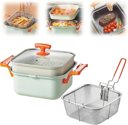 Deep Fryer & Steamer Pot - Nonstick Maifan Stone Coating, Fry, Steam, Sauté & Braise, Easy-Clean, 4.5L/152oz Capacity with Glass Lid, Metal Steamer Rack, and Stainless Steel Fry Basket