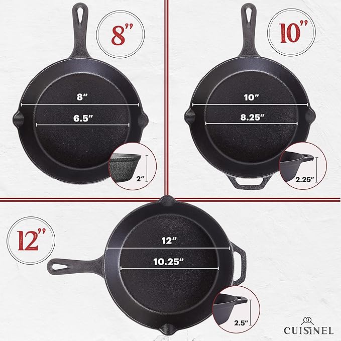 Cuisinel Cast Iron Skillets Set with Lids - 8"+10"+12"-inch Pre-Seasoned Covered Frying Pan Set + Silicone Handle and Lid Holders + Scraper/Cleaner - Indoor/Outdoor, Oven, Stovetop, Fire Safe Cookware
