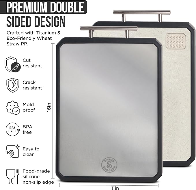 Swing Swagger Titanium Cutting Board for Kitchen with Measuring Scraper – 16” x 11” Double-Sided Metal Cutting Board, Non-Toxic, Food-Grade Titanium & Wheat Straw PP, Steel Grip Handle, Non-Slip Edges