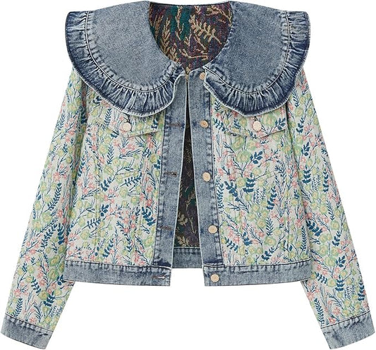 Xaspee Womens Peter Pan Collar Cropped Jean Jacket Embroidered Jacquard Long Sleeve Casual Floral Denim Jackets Coat