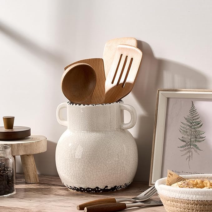 JIEMEI HOME Kitchen Utensil Holder with Handle, 6.85" Ceramic Farmhouse Stable Utensil Crock for Countertop, Utensil Organizer with Cork Bottom, Spatula Holder For Kitchen Decor, White