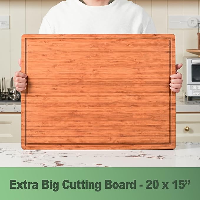 XL Cutting Board for Kitchen, 20x15" Extra Large, 1" Thick Bamboo Wood Butcher Chopping Block, Cheese Board, Durable Reversible with Juice Grooves and Handles