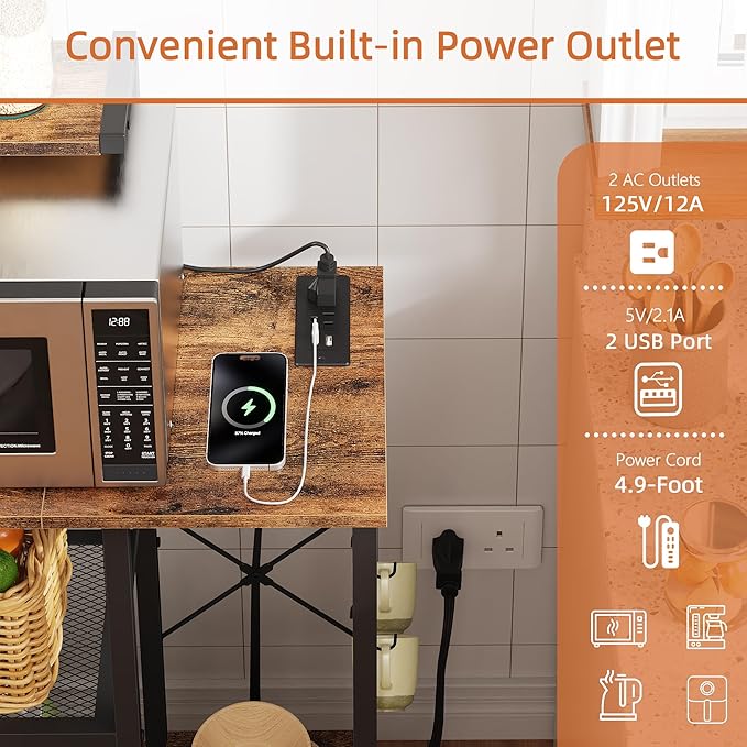 Bakers Rack with Power Outlet, Coffee Bar with 4 Hooks, 6 Tiers Microwave Stand with Storage, Freestanding Kitchen Appliance Organizer for Spices, Pots, Rustic Brown, 32" W