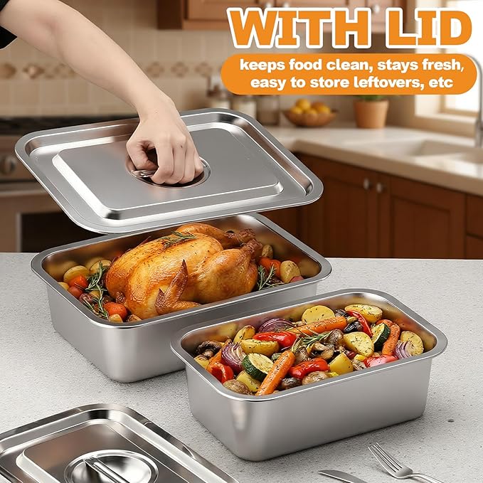 2 Pack 4 Inch Extra Deep Lasagna Baking Pan with Lid, 11.8"x15.7" 9.2qt&11"x14.2" 7.4qt Rectangular Large Stainless Steel Nonstick Lasagna Roasting Pans Set Deep Baking Dishes for Oven