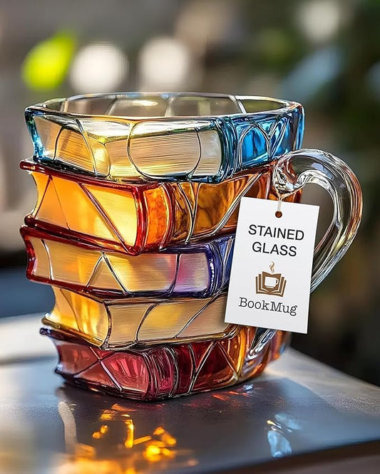 Chapter Book Mug Glass 3D Book Mugs Birthday Gift For Women Stained Glass Cups with Stack Design, Artistic Reading Coffee Cup, Unique Literary Friendship Gifts for Women, Friends & Readers