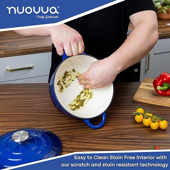 Cast Iron Dutch Oven with Lid – Non-Stick Ovenproof Enamelled Casserole Pot – Sturdy Dutch Oven Cookware – Dark Blue, 3.1-Quart, 22cm – by Nuovva