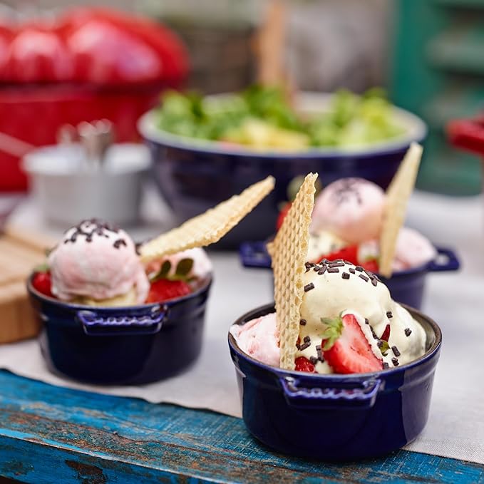 STAUB Ceramic Dutch Oven 3-piece Mini Round Cocotte, Dark Blue