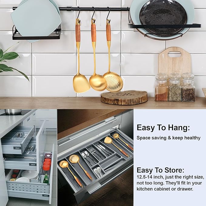 Gold Kitchen Utensils Set, 9 PCS Stainless Steel Cooking Utensils with Wood Handle, Solid and Slotted Spoon, Fork, Spatula, Ladle, Skimmer, Slotted Tunner, Spaghetti and Large Spoon