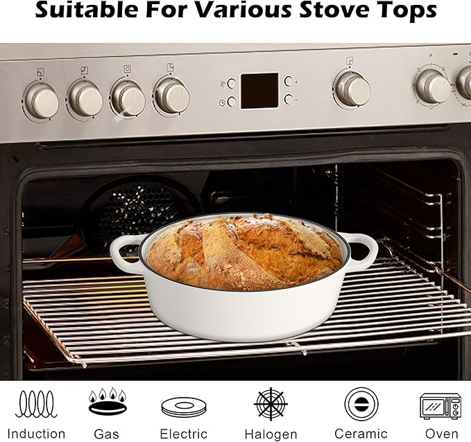 TeamFar Oval Dutch Oven, 5qt Enameled Cast Iron Dutch Oven Pot with Lid, For Bread Baking/Stewing/Braising/Frying, Suitable for Various Stoves, Non-stick & Easy Clean, White