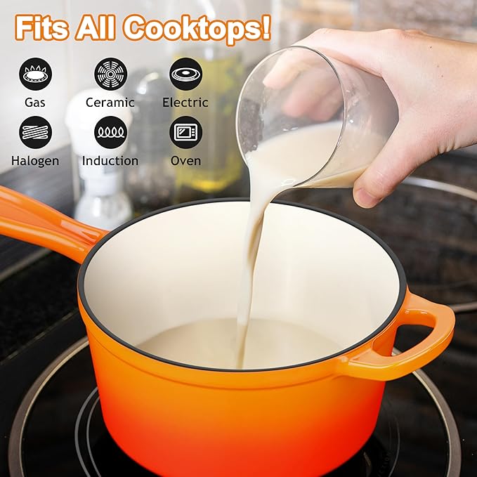 Enameled Cast Iron Sauce Pan, Leonyo 1 Qt & 2 Qt Saucepan Set, Cast Iron Dutch Oven Kitchen Small Pots for All Cooktops Cooking Pasta, Milk, Oatmeal - Up to 500°F & Nonstick, Orange