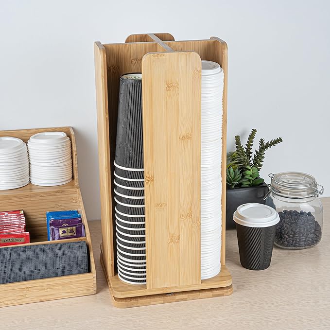 Restaurantware Restpresso 9 x 18 Inch Coffee Cup and Lid Organizer 1 Revolving Cup and Lid Holder - 4 Section Countertop Natural Bamboo Cup and Lid Dispenser For Restaurants Homes or Offices
