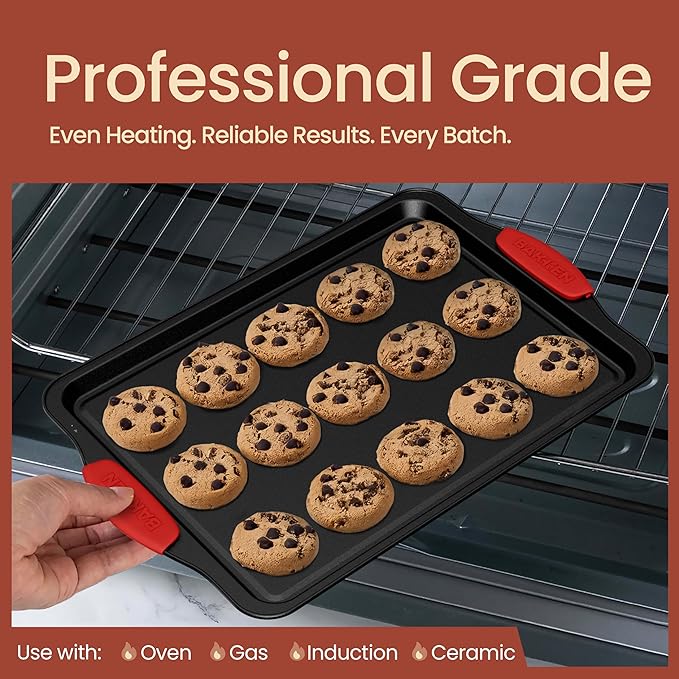 Baking Set – 8 Piece Kitchen Oven Bakeware Set – Deluxe Non-Stick Black Coating Inside and Outside – Carbon Steel – Red Silicone Handles – PFOA PFOS and PTFE Free by Bakken