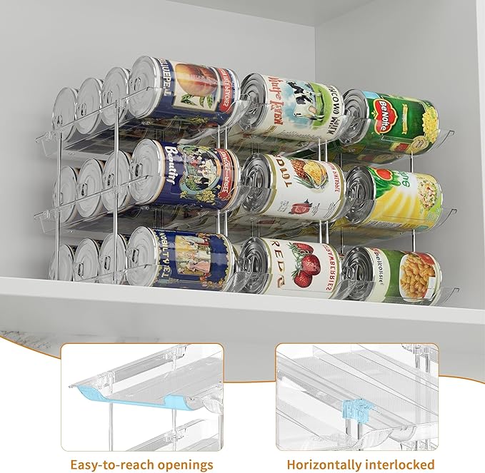 Can Organizer For Pantry Canned Food Goods Organizer For Cabinet Clear Automatic Rolling Can Storage Organizer Pantry Holders Rack, Holds Up to 48 Cans