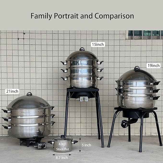 LetFeng Steamer Pot for Cooking 19 inch Steam Pots with Lid 3-Tier Multipurpose Stainless Steel Steaming Pot Cookware with Handle for Vegetable, Dumpling, Stock, Sauce, Food