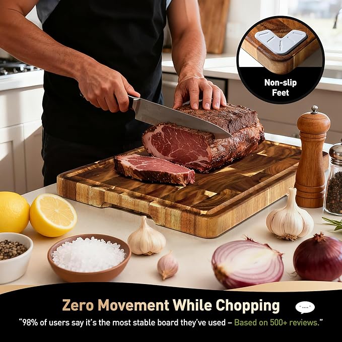 Extra Large End Grain Cutting Board for Kitchen with Non-slip Feet, Acacia Wood Heavy Duty Checkered Cutting Board with Juice Groove & Handle Handcrafted Luxury Chopping Board for Meat, Vegetables