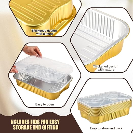 Baderke 20 Set 9x13 Heavy Duty Aluminum Pans with Lids Double Thick Aluminum Foil Baking Pan Food Container for Heating Cooking Meal Prep Storage Freezer and Takeout (Gold)