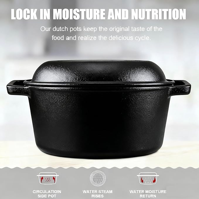 Cast Iron Pot with Lid, 10 Inch Dutch Oven Pot with Lid & Skillet Lid, 2-in-1 Pot & Pan Set for Bread Baking, Camping, Frying & Outdoor Cooking