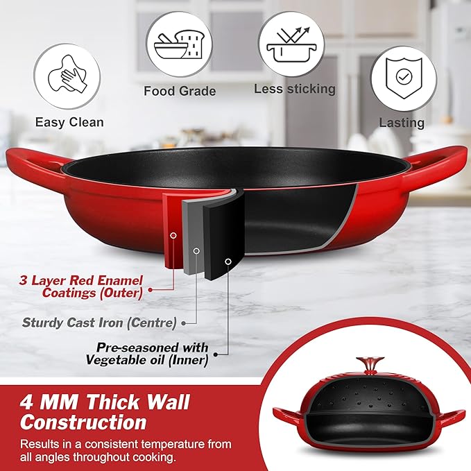 P&P CHEF Bread Dutch Oven for Sourdough, 5.5 Quart Enameled Cast Iron Dutch Oven Pot with Lid for Homemade Bread Baking, Easy to Clean & Even Heat, Red