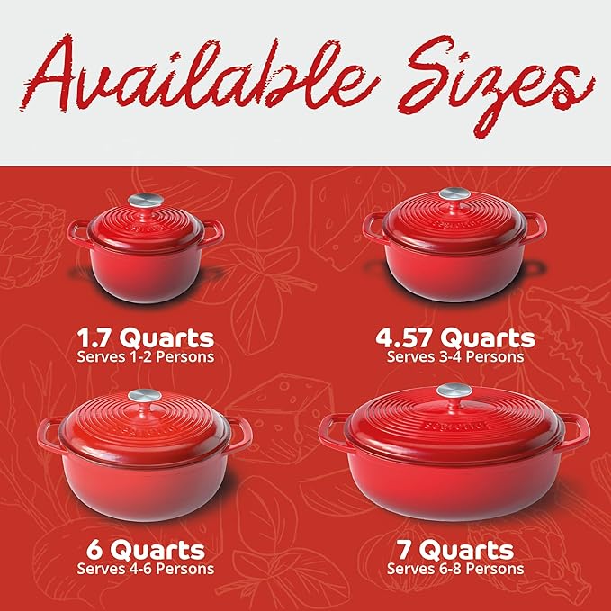 Segretto Enameled Cast Iron Dutch Oven Pot with Lid, Red, 6 Quart Sourdough Dutch Oven for Bread Baking, Braising, Roasting Safe to 500°F Durable Enamel with High Heat Retention and Moisture Lock Seal