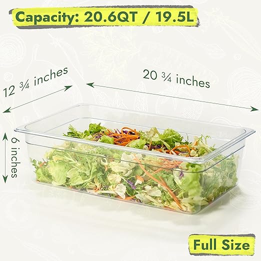 CURTA 4-Pack Full Size 6" Deep NSF Polycarbonate Food Pans with Handled Lids & Drain Trays | Dishwasher & Freezer Safe Clear Container for Prep Tables, Buffet, Salad Bar, Commercial & Home Kitchen