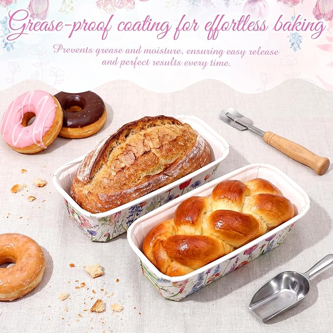 Honeydak 100 Sets Mini Loaf Pans Disposable Spring Paper Baking Pans Bulk 6.3 x 2.2 x 2.2 in Floral Serving Tray Wildflower Watercolor Pattern Party Supplies (Spring)