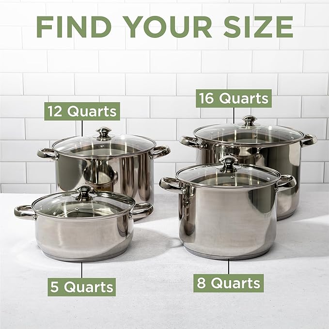 Ecolution Pure Intentions Stock Pot - Features Tempered Glass Lid, Stay-Cool Handles, and Encapsulated Bottom - Oven Safe - Curbside Recyclable Stainless Steel - 12 Quarts