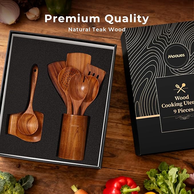 Wooden Spoons for Cooking, Wooden Utensils for Cooking Natural Teak Wooden Kitchen Utensils Set Comfort Grip(9 PCS SET GIFT BOX)