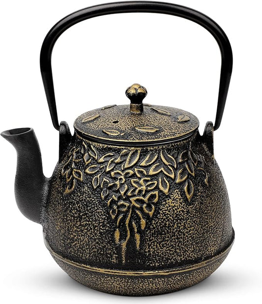 Toptier Tea Kettle for Stove Top, Cast Iron Teapot Stovetop Safe with Infusers for Loose Tea, 54 oz, Black
